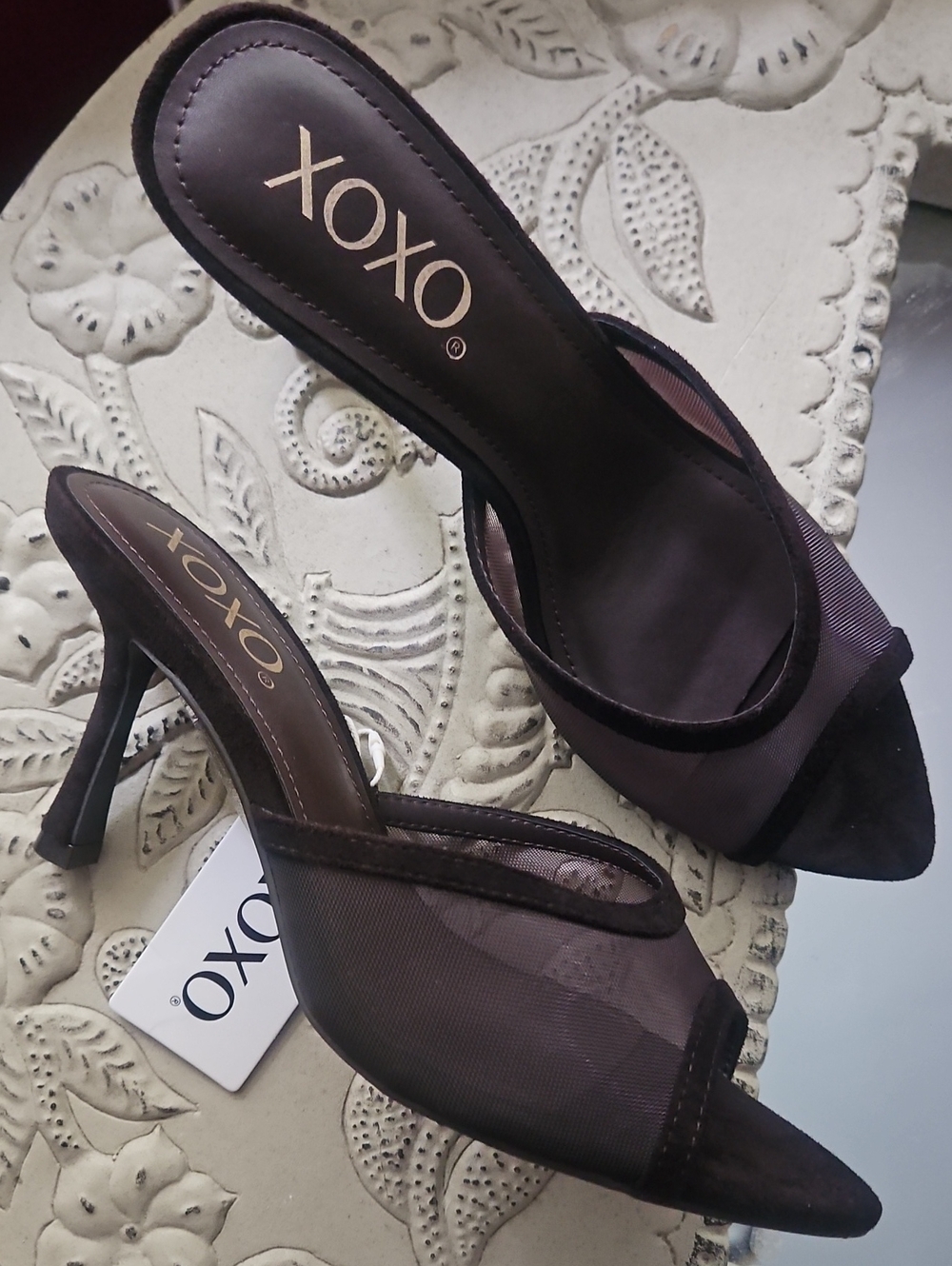XOXO Black Mesh Pointed Toe Heeled Mules